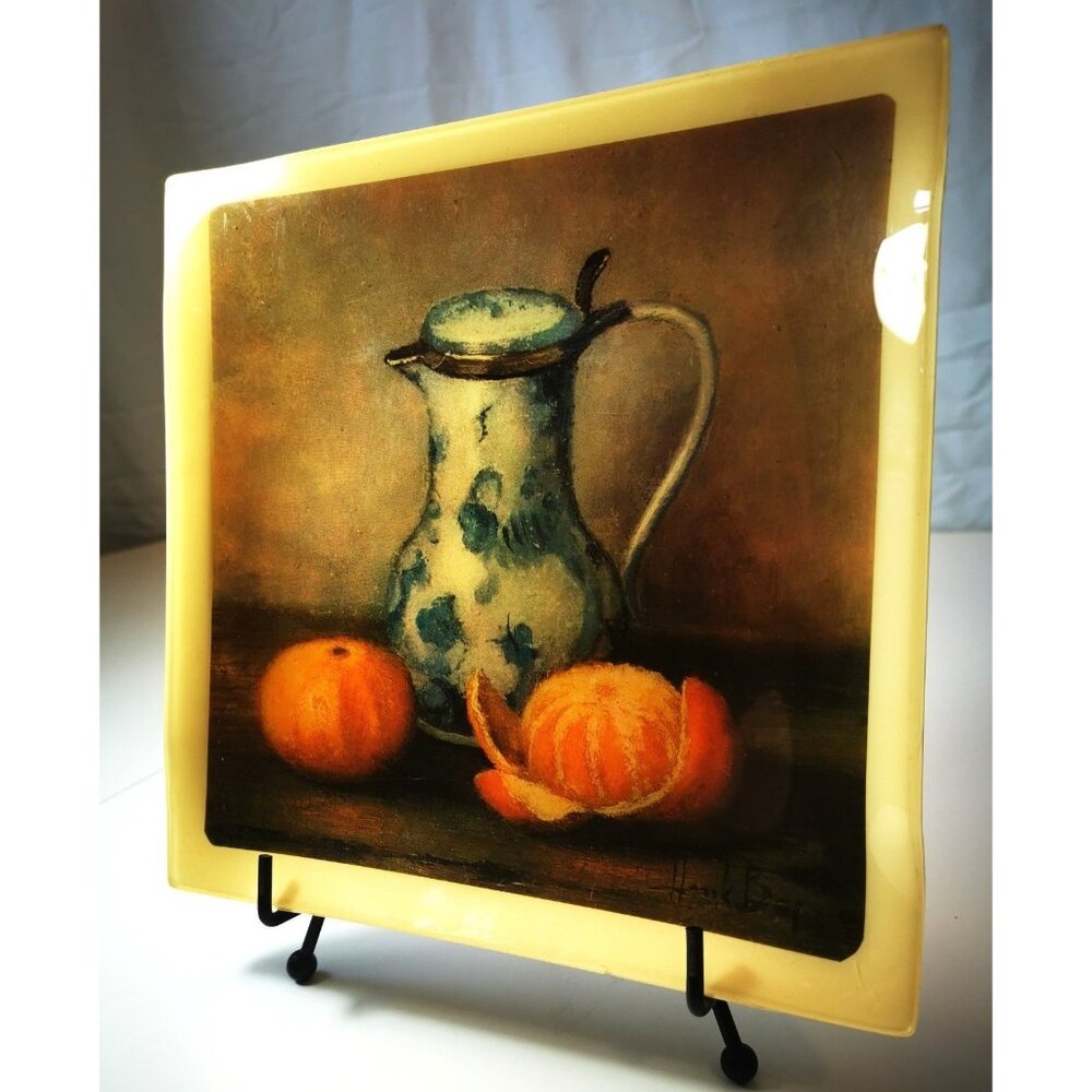 Henk Bos Still Life Art Tile Vintage | Ceramic Wall Plaque with Pitcher & Orange